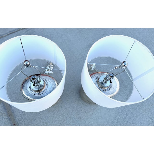 Pottery Barn Siver Hammered Metal Rivet Table Lamps W/Shades-Pair For Sale In Palm Springs - Image 6 of 11
