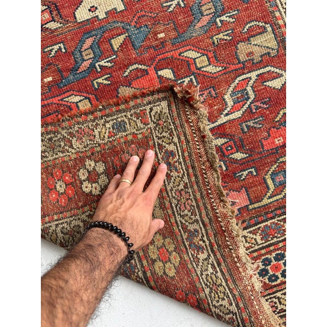 Textile Antique Kurdish with Flower Border Variations of Reds Rug 3.9 x 5.10 For Sale - Image 7 of 10