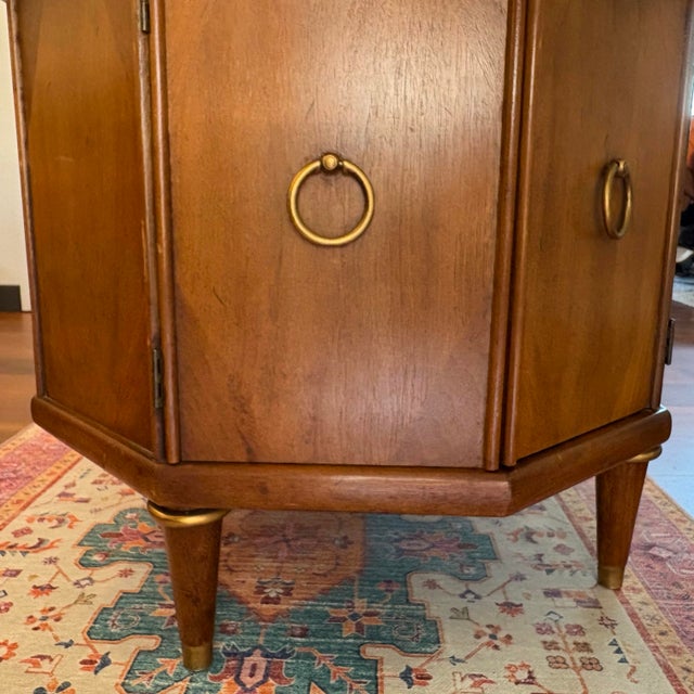 1970s Round Top Hexagon Two Door Cabinet End Table With Brass Ring Pulls and Leg Caps For Sale In Dallas - Image 6 of 10