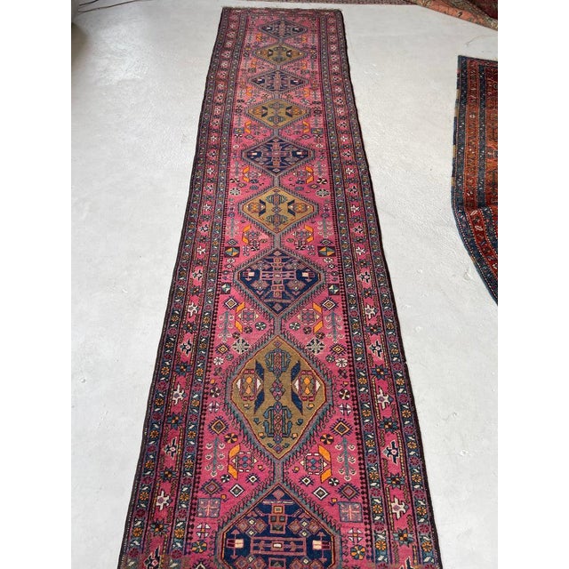 Antique Heriz Runner in Pink, Peacock Teal, Cantaloup, & Dirty Olive Rug 3.3 x 14 For Sale - Image 14 of 14