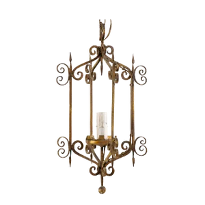 French Mid-20th Century Single Light Scrolled Iron Chandelier in Gold Bronze Hue