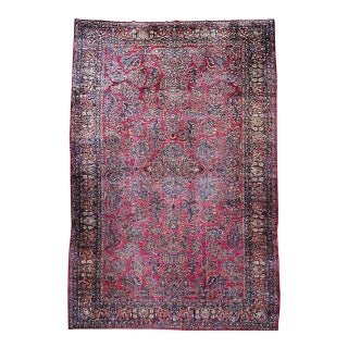 Antique Oversized Persian Sarouk Area Rug, Hand-Knotted Wool, Allover Floral Pattern, 10x18, Red & Navy For Sale