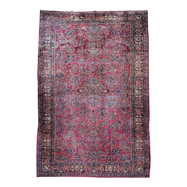 Antique Oversized Sarouk Area Rug, Hand-Knotted Wool, Allover Floral Pattern, 10x18, Red & Navy For Sale