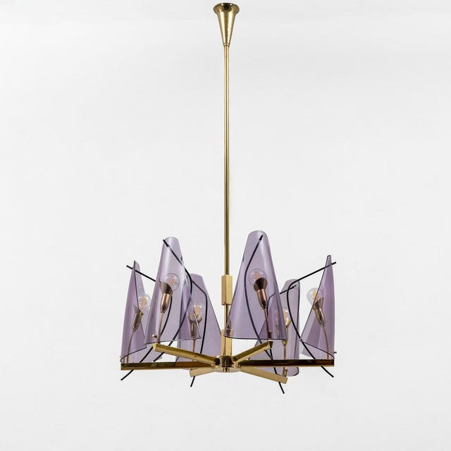 Purple Mid-Century Italian Chandelier in Brass and Purple Acrylic Glass from Stilux Milano, 1970s For Sale - Image 8 of 8