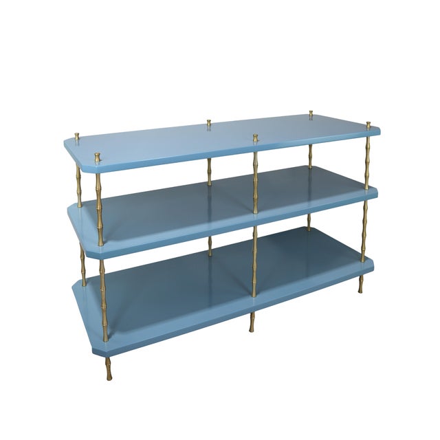 Hollywood Regency Vintage Navy Blue Lacquered Brass Three-Tier Console Table For Sale - Image 3 of 11
