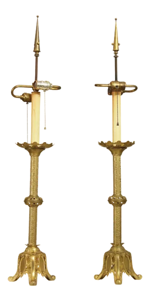 Gothic Revival Antique Aesthetic Brass Converted Candlesticks Lamps - a Pair
