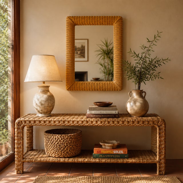 Brown 1980s Large Wall Mirror in Hand-Woven Wicker For Sale - Image 8 of 8
