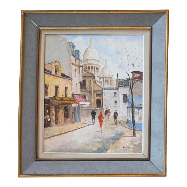 Mid-20th Century French “Montmartre, Place du Tertre” Oil on Canvas, Sacré-Cœur For Sale