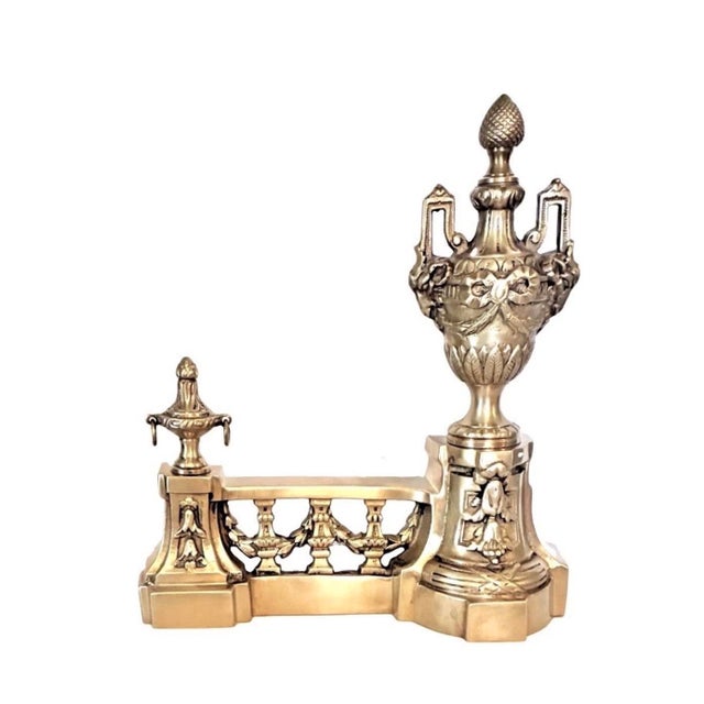 French Vintage Castillan Louis XVI French Style Cast Brass Fireplace Andirons Chenets ~ a Pair For Sale - Image 3 of 7