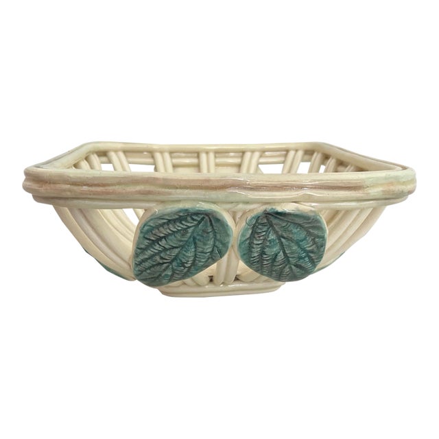 Mid 20th Century French Open-Weave Ceramic Bowl With Barbotine Lemon Leaves For Sale