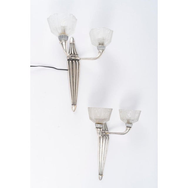 Art Deco Silver-Plated Bronze Wall Sconces with Glass Shades, 1930, Set of 2 For Sale - Image 6 of 8