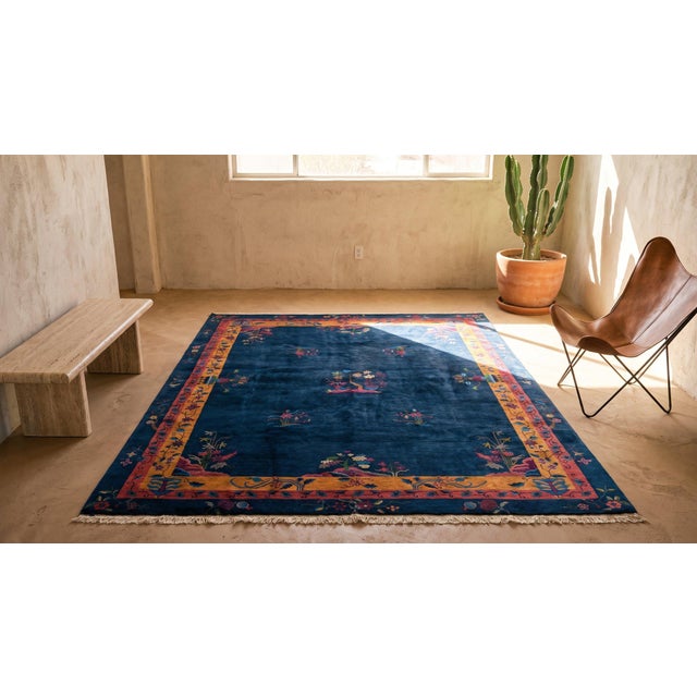 Navy Blue 1920s Blue Navy Floral Modern Antique Chinese Art Deco Rug 8'2" X 9'6" Handknotted Wool Carpet For Sale - Image 8 of 8