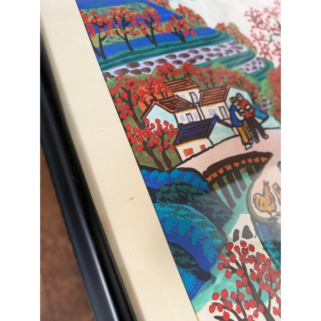 Vintage Chinese Folk Art Style Village Scene Framed Print With Calligraphy Red Seal For Sale - Image 4 of 6