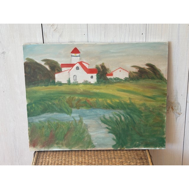 Vintage oil painting of a light house! This charming piece features a crisp white, red-roof lighthouse amongst blowing...