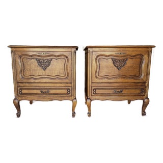 Pair of Vintage French Louis XV-Style Carved Oak Fall-Front Nightstands For Sale