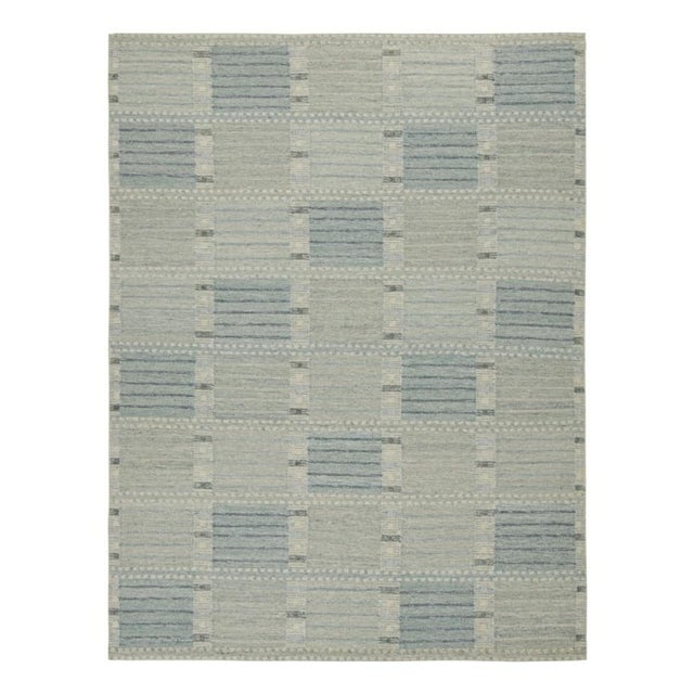 Dove Gray Rug & Kilim’s Custom Scandinavian Rug With Blue Geometric Patterns For Sale - Image 8 of 8