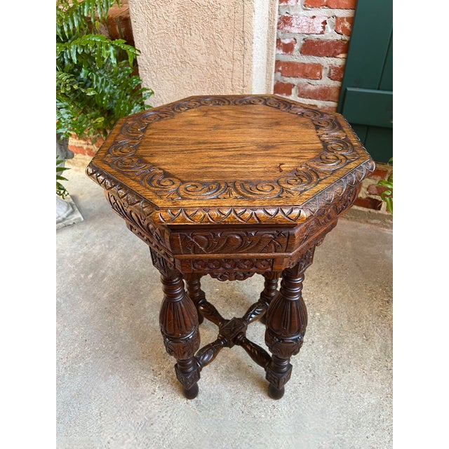 Wood Petite Antique French Octagon Side Table Renaissance Carved Oak C1900 For Sale - Image 7 of 12