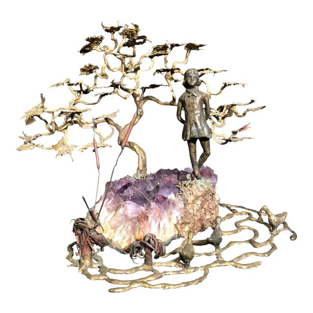 Late 20th Century Ron Bertocchi Bronze and Amethyst Sculpture of Young Girl and Tree For Sale