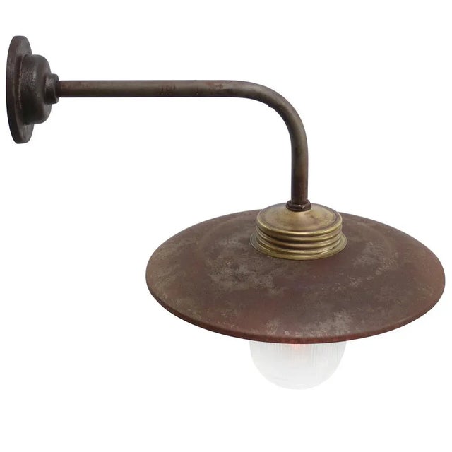 Mid-Century Modern Vintage Industrial Rust Iron and Brass Glass Sconce with Clear Striped Glass Bulb For Sale - Image 3 of 6