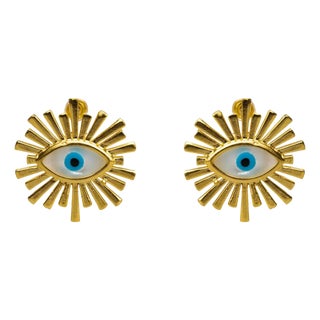 Guardian Aura Chunky Gold & Pearl Evil Eye Stud Earrings, A Pair For Sale