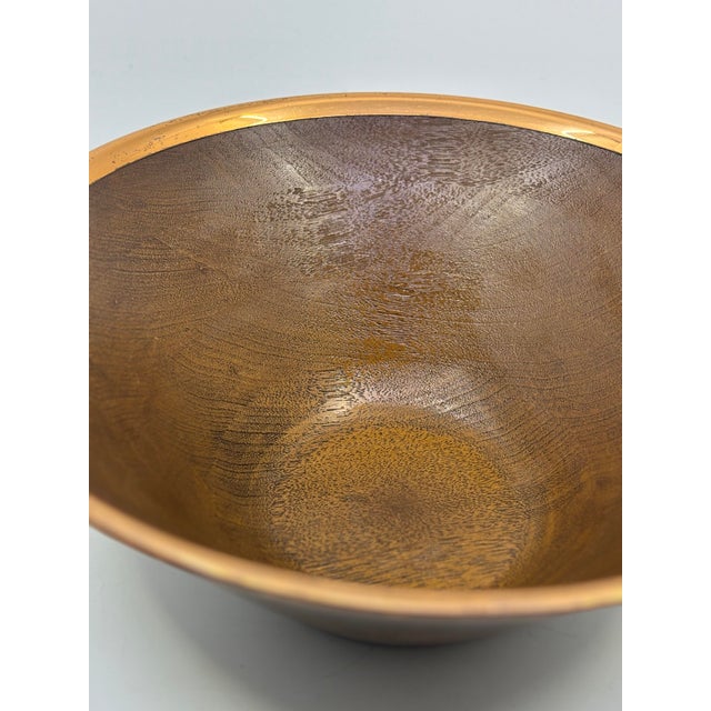 Mid-Century Modern Vintage 1970's Copper Trim Wooden Salad Serving Bowl For Sale - Image 3 of 9