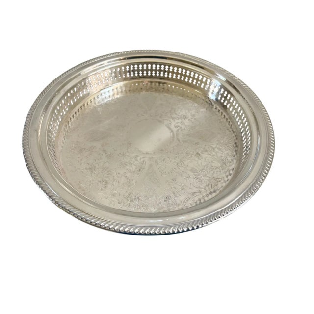 Late 20th Century Vintage Gorham Etched Silver Plate Pierced Gallery Serving Tray For Sale - Image 5 of 9