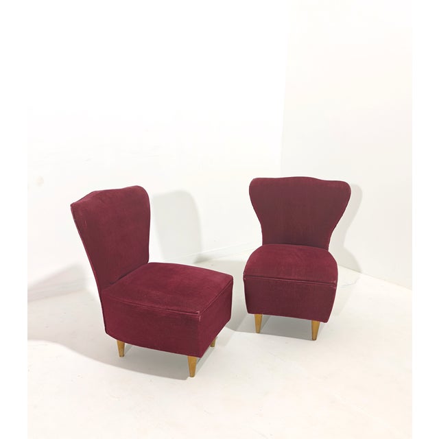 Cherry Velvet Armchairs with Wooden Legs, Italy, 1960s, Set of 2 For Sale - Image 10 of 13