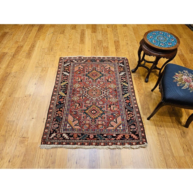 Vintage Persian Heriz Karajah Rug, Hand-Knotted Wool, Geometric Pattern, Rust-Red & Navy, 4x5 For Sale - Image 4 of 18