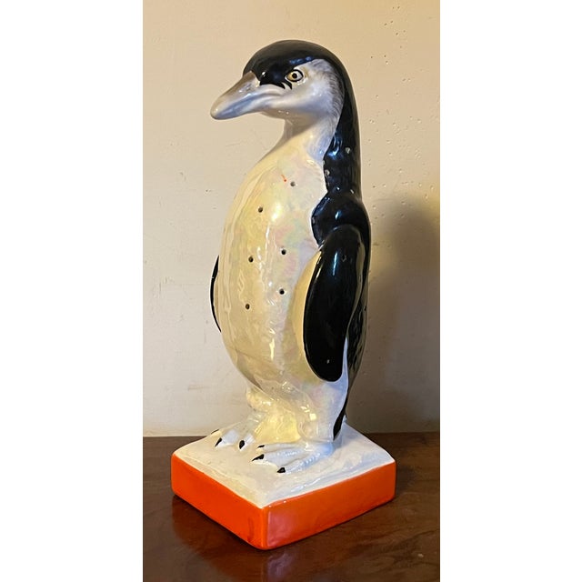 Antique 1920's Japanese Art Deco lusterware pottery penguin figure in black and orange glaze. Exceptional detail with...