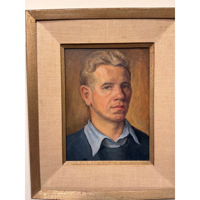 Wood Vintage Portrait of a Man in Blue by Richard Schmueckle For Sale - Image 7 of 7