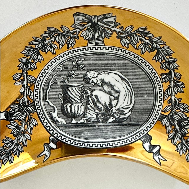 Single Medaglioni Piero Fornasetti Gilt Porcelain Cresent Shaped Catchall Tray For Sale - Image 11 of 12