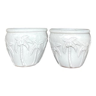 Vintage Glazed Terra Cotta Palm Tree Planters - a Pair For Sale