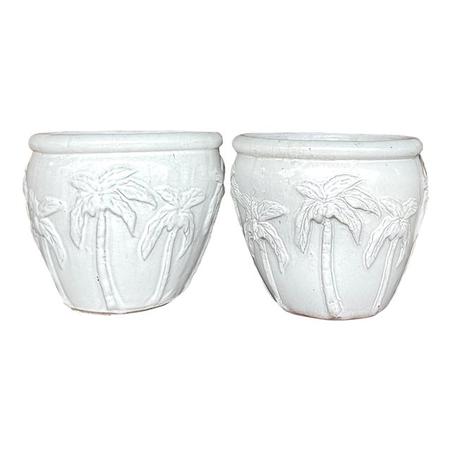Vintage Glazed Terra Cotta Palm Tree Planters - a Pair For Sale