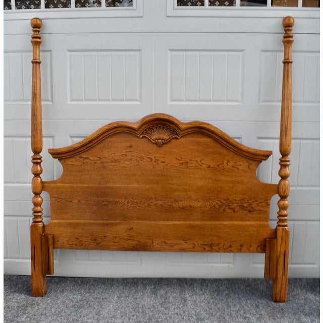 Vintage Solid Oak Queen Bed Poster Headboard Footboard Carved Shell Traditional For Sale - Image 10 of 16