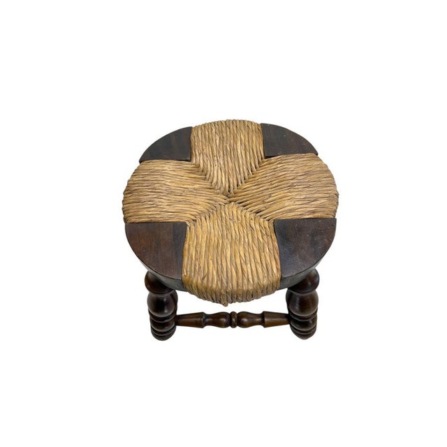 Brown Vintage French Low Beech and Rush Stool, 1970s For Sale - Image 8 of 9