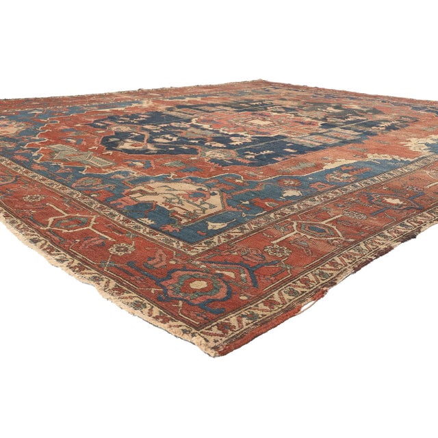 78547 Rustic Antique Persian Serapi Rug, 10'02 x 12'06. Weathered finesse meets rustic sensibility in this distressed...