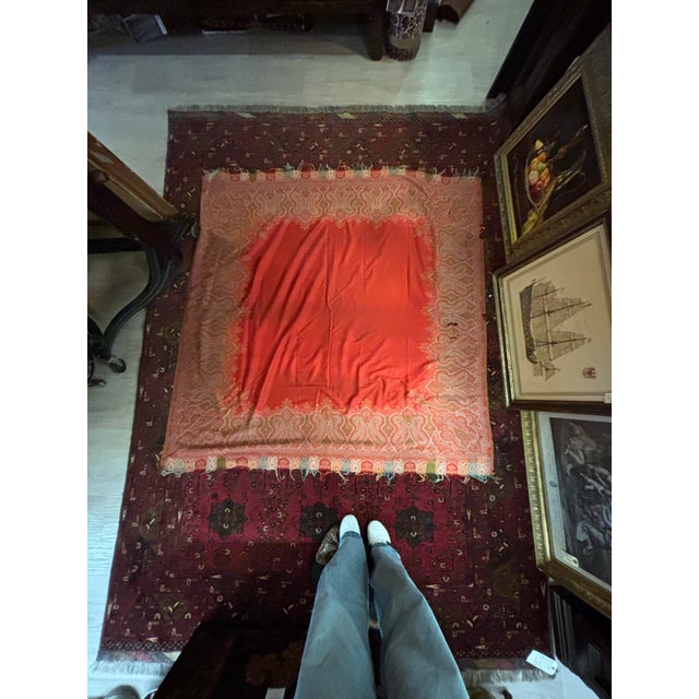 Beautiful Indian paisley shawl throw - 65"x65", red and cream. A beautiful and elaborate woven paisley border surrounding...