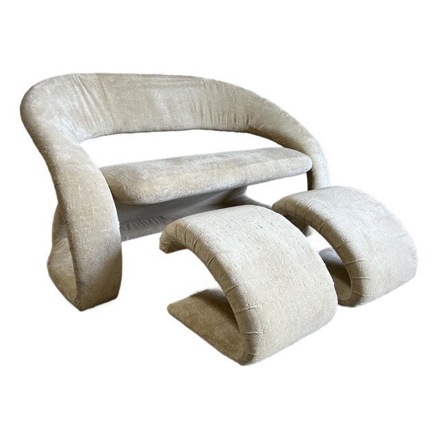 Vintage Postmodern Velvet Loveseat Sofa and Ottomans - A Set For Sale