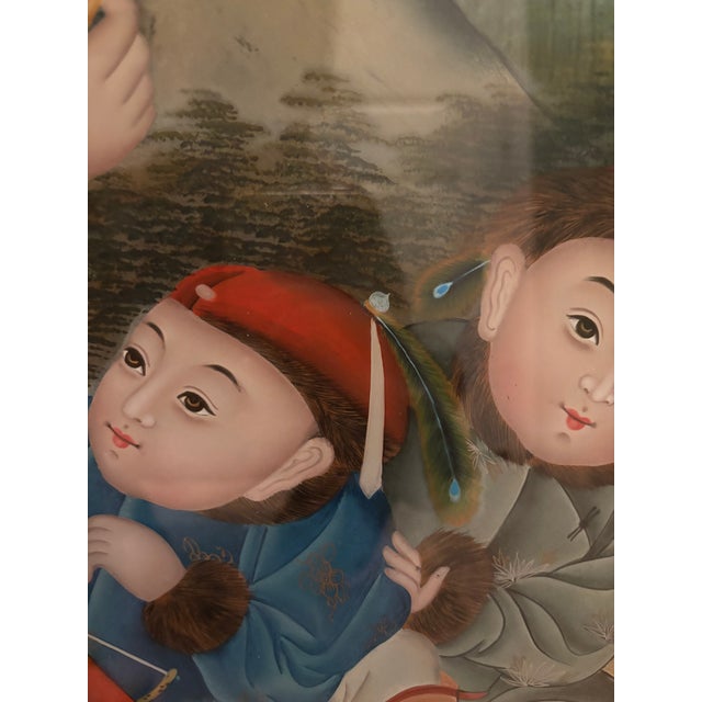 Bronze Pair of Extra Large Chinese Reverse Glass Paintings — Republic Period, Circa 1938–1946 — Longevity & Domestic Harmony For Sale - Image 8 of 13