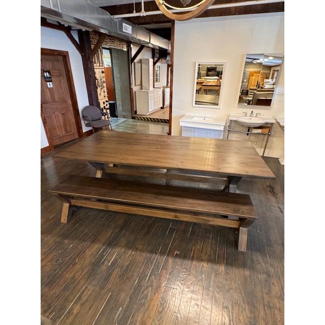 Vermont Grey Washed Solid Pine Trestle Table With 2 Benches Contemporary - Set of 3 For Sale In Boston - Image 6 of 10