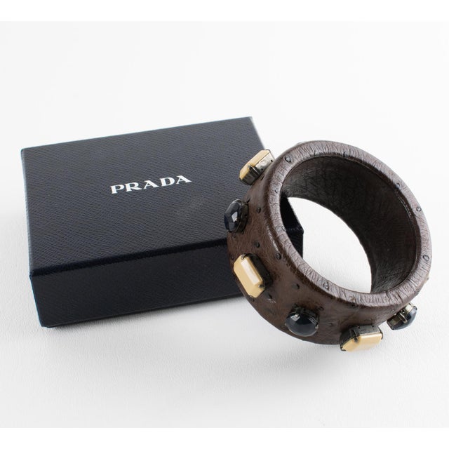 Contemporary Prada Cocoa Brown Ostrich Leather Jeweled Bangle Bracelet For Sale - Image 3 of 8