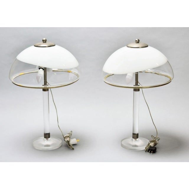 Metal Pair Mid Century Italian Lamps With Lucite Base and All Glass Shades For Sale - Image 7 of 12