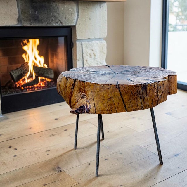 Brutalist Asymmetric Round Live Edge Reclaimed Wood Slab Coffee Side Table on Pegged Legs For Sale In Palm Springs - Image 6 of 6