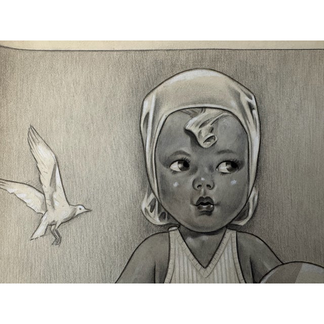 Original graphite pencil drawing by American artist and illustrator Theodore E. Schrock (1879–1952), depicting a young...