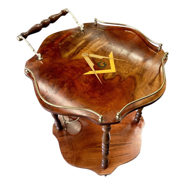 Mid-Century Italian Hollywood Regency Italian Marquetry Masonic Bar Cart With Brass Gallery For Sale
