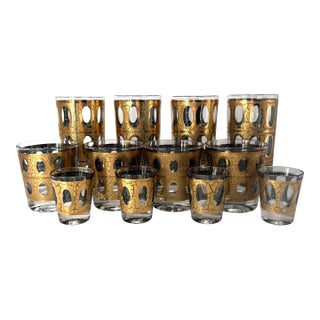 Vintage MCM “Pisa” Crackle Gold Barware Set – Highball, Rocks & Shot Glasses – Set of 12 For Sale