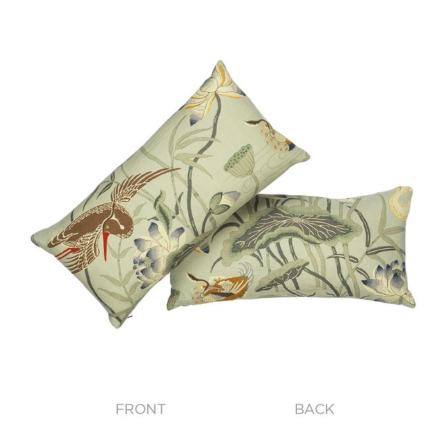 Japanese Schumacher Lotus Garden Pillow 24" x 12" in Aqua For Sale - Image 3 of 4