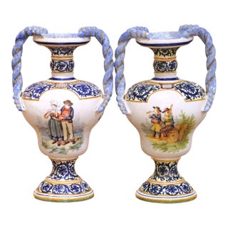 Large Pair of 19th Century French Desvres Faience Urns With Twisted Handles For Sale