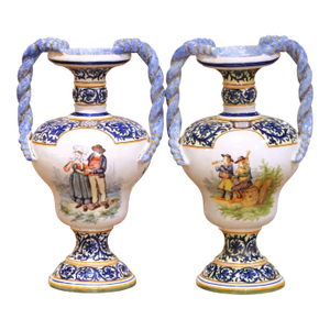 Large Pair of 19th Century French Desvres Faience Urns With Twisted Handles