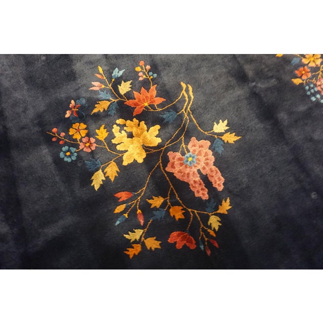 Captivating Navy Bakcground Color With Vibrant Burst of Floral Antique Chinese Art Deco Rug For Sale - Image 9 of 11